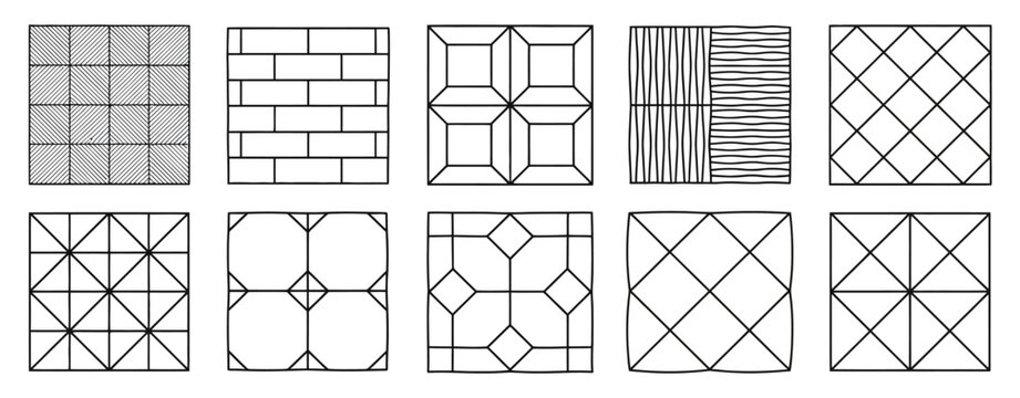  Set of architectural floor tile patterns and geometric pavement textures in hand-drawn linear style, isolated on white background.