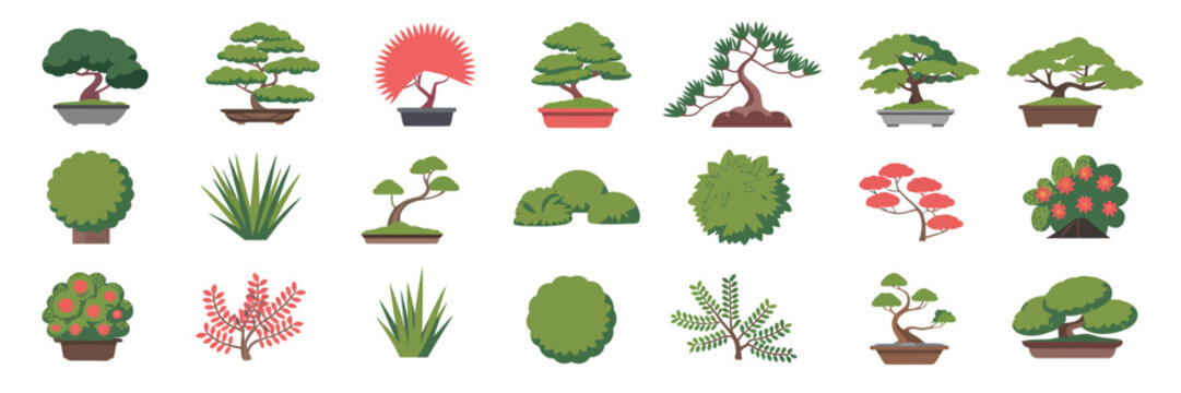  Set of Flat Bonsai Trees, Ornamental Plants, and Garden Shrubs Isolated on White Background.