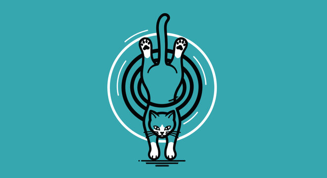 Playful cartoon cat hanging upside down in a circle, vector illustration, modern flat design, vibrant teal background