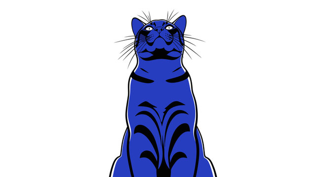 Stylized Blue Tiger Cat Sitting Upright Looking Upwards with White Eyes and Black Stripes