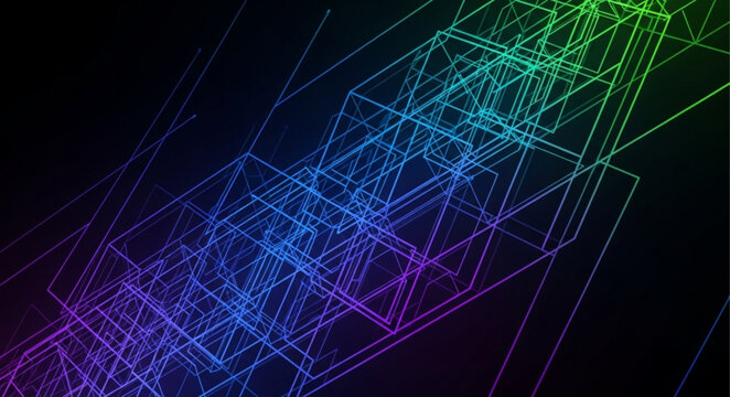 Abstract geometric network structure with glowing neon lines.