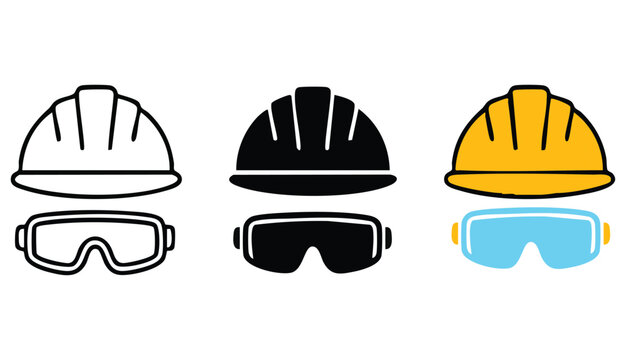 Hard hat with goggles icon. Construction helmet with safety mask vector symbol. Engineer hat with protection glasses