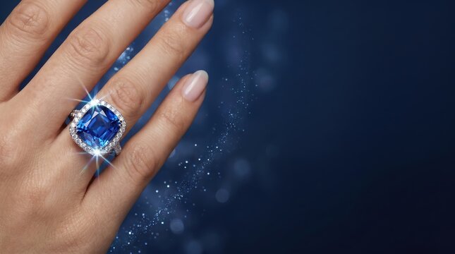 Close-up of a woman's hand wearing a sapphire ring