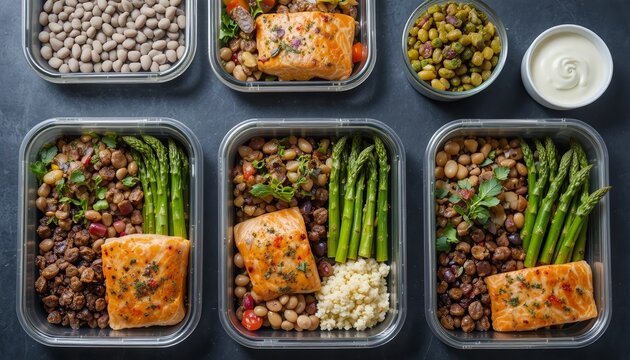 Healthy meal prep containers with grilled salmon, couscous, fresh vegetables, grapes, and creamy sauce, neatly arranged for balanced, nutritious eating