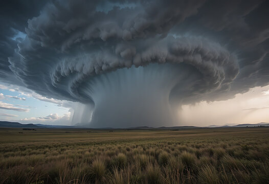 Dramatic storm cloud over a vast, open field with rolling hills thunderstorm rain weather