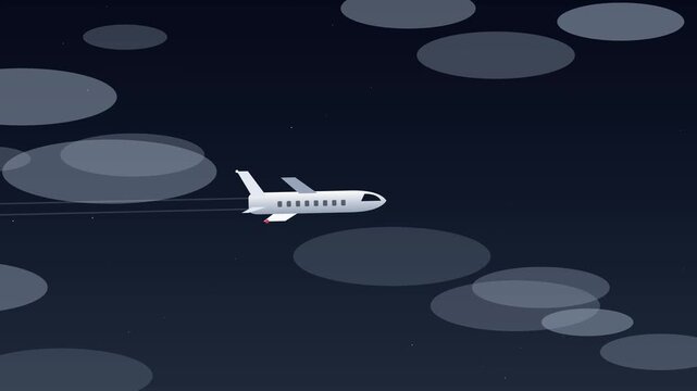 Private jet airplane flying through abstract night sky with moon circles