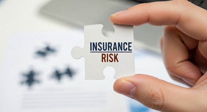 A person holds a white puzzle piece with the word "INSURANCE RISK" printed on it. The hand is light-skinned and appears to be of European ancestry.