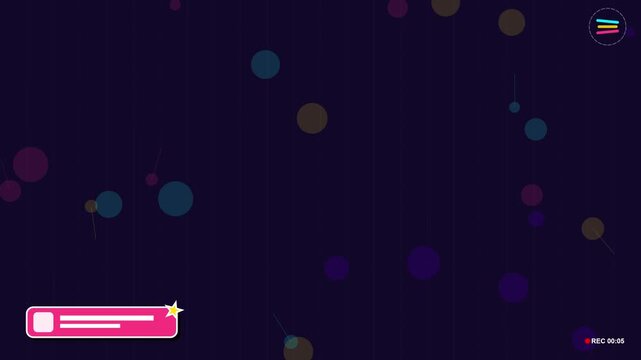 Dynamic abstract background animation with colorful connecting spheres, UI elements, REC timer, and interactive icons illustrating data flow and technology.