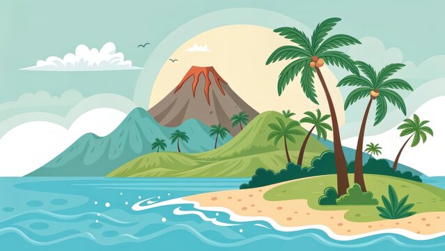 Tropical island volcano with palm trees and ocean view