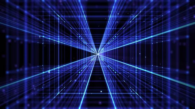slow motion flight throught an cube tunnel with light rays and flowing particles, blue glowing technology background for digital business