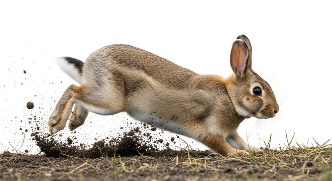Brown rabbit running fast on grassy field with dirt flying everywhere quickly outside
