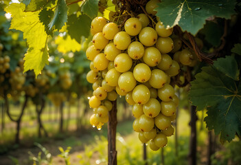 Fototapeta premium Bunch of ripe white grapes hanging from a vine in a vineyard green leaves