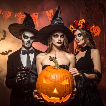 Spooky trio in Halloween costumes with carved pumpkin and festive decor