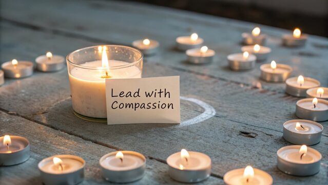 Single lit candle with compassion message surrounded by unlit candles