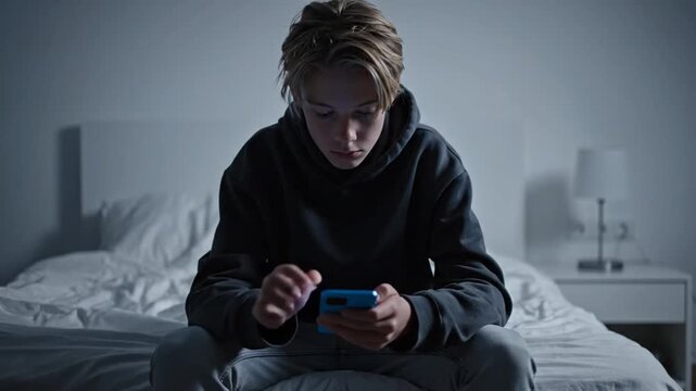 Teenager boy using smartphone in bed during night time