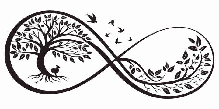 Infinity symbol tree of life with roots and flying birds vector illustration white background infinity branches eternity foundation strength environmental peaceful