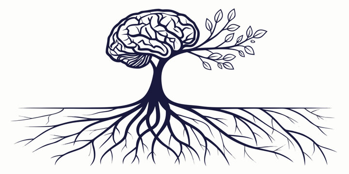 Organic brain tree with roots and developing leaves symbolizing growth and natural intelligence wisdom tree mental health mind power human brain root system intellect