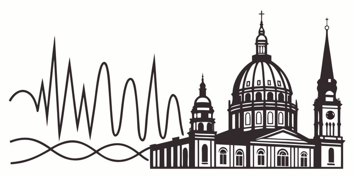 Urban soundscape with grand architectural buildings and dynamic audio waveforms representing city vibrations sound wave city life travel destination building exterior waveform