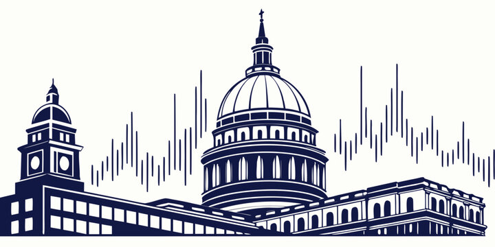 Historic government capitol building with abstract vertical data bars and classical architecture government building politics administration statistics architecture historic