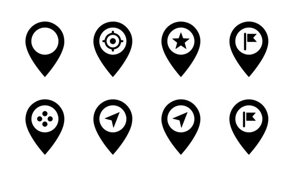 Minimalist black vector map pointer icon set featuring navigation pins, targets, flags, and star symbols for digital interface design.