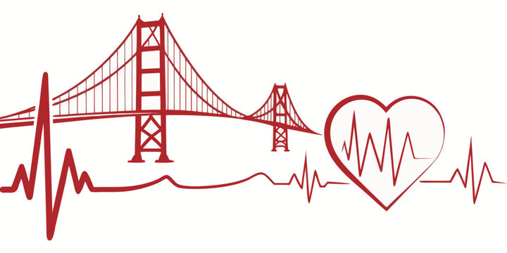 Red graphic illustration of a suspension bridge with a medical heartbeat pulse line and heart shape symbol heartbeat landmark medicine cardiovascular suspension architecture