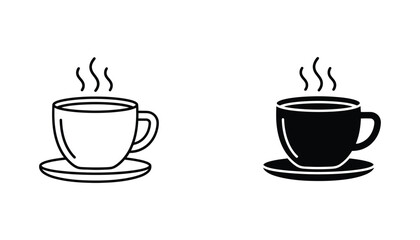 Obraz premium Steaming cup of coffee icon in linear and solid black style isolated on white background for cafe and beverage branding