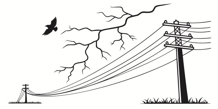 Minimalist black and white illustration of power lines utility poles and a flying bird during a lightning storm with lightning electricity transmission infrastructure blackout