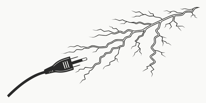 Graphic illustration of an electrical power plug and a powerful lightning bolt discharge concept with electricity lightning discharge electric connection technology hardware