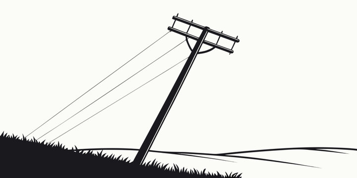 Wooden utility pole with electrical wires leaning on a grassy slope symbolizing power lines and rural infrastructure electricity landscape telephone telegraph infrastructure