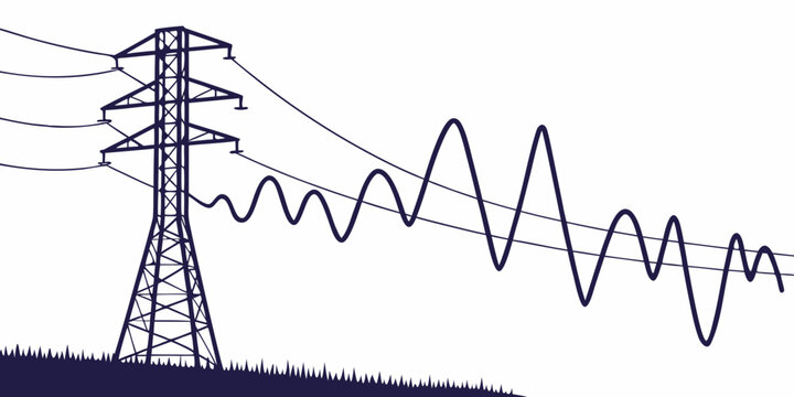 High voltage electricity transmission tower pylon silhouette set against a grassy horizon line with a large digital sine wave or frequency wave graphic overlay, electricity