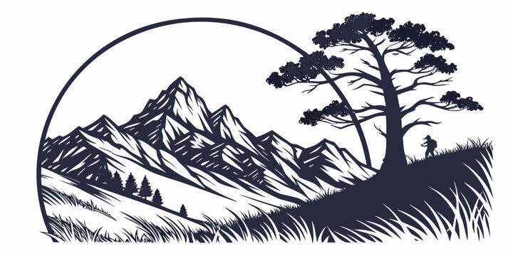 Detailed mountain landscape graphic in circular frame featuring a hiker climbing a hill side with pine trees mountain landscape silhouette adventure trekking wilderness