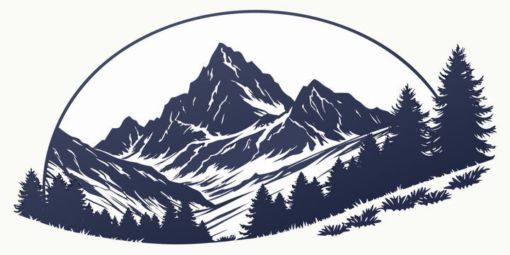 Semicircle mountain range landscape with dense pine forest silhouette and snow covered alpine peaks mountain silhouette landscape wilderness outdoors adventure semicircle