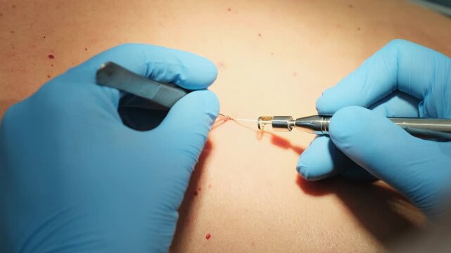 Surgeon cuts out mole with laser coagulation from man skin in clinic slow motion. Dermatologist removes melanoma with modern tools in hospital closeup