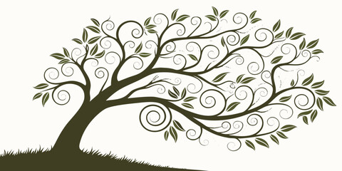 Stylized tree silhouette with decorative swirling vine-like branches and small leaves growing on a grassy hill isolated on a white background for design elements, silhouette © AE