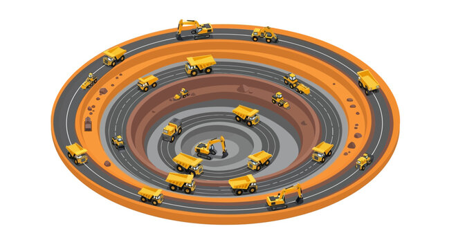 Miniature Yellow Dump Trucks On Spiral Track.