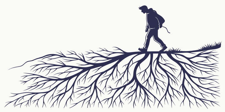 Silhouette vector illustration showing a man walking across a complex network of tree roots or branches growing horizontally across the ground representing a life journey
