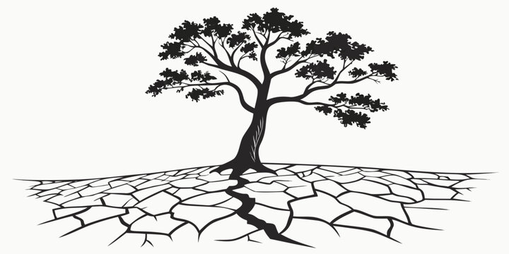 Conceptual illustration of a solitary tree standing on parched and cracked earth ground representing drought with environment desertification landscape survival conservation