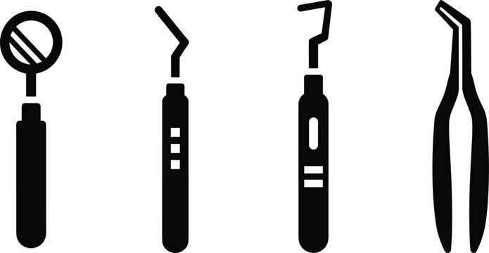 Dental mirror scaler probe and tweezers silhouette vector set icons isolated on white background for dentist clinic healthcare app ui branding design