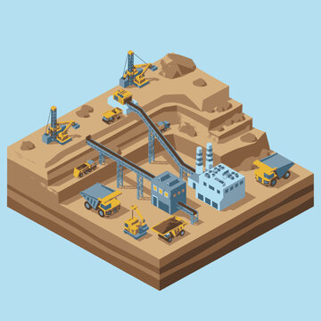 Isometric illustration of an open-pit mine with heavy machinery and processing plant.