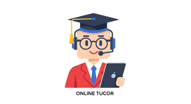 Online Tutor Wearing Graduation Cap and Headset, Holding Tablet, Educational Concept