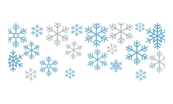 Horizontal border of diverse geometric snowflake patterns with six-fold symmetry in light grey and blue colors isolated on a white background winter holiday concept