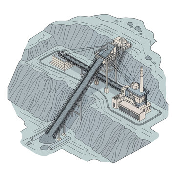 Open Pit Mine Conveyor And Processing Plant Illustration.