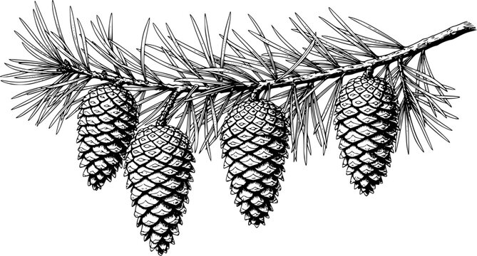 Detailed Black and White Line of Pine Cones Hanging from a Branch evergreen nature