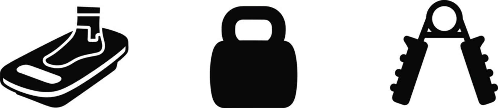 Gym treadmill kettlebell and hand gripper silhouette vector set icons isolated on white background for fitness workout app ui sports branding design