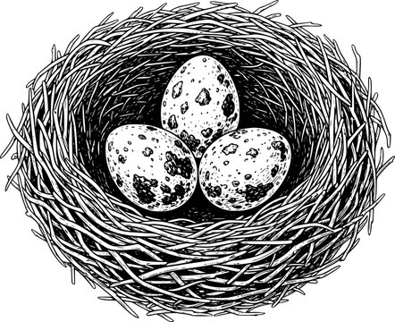 Detailed black and white of a bird's nest with speckled eggs a white background