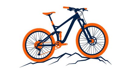 Fototapeta premium Colorful mountain bike on rocky trail with orange rims and blue frame.