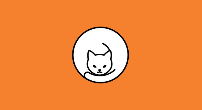 Minimalist white cat curled up in a circle logo on an orange background, simple and clean illustration