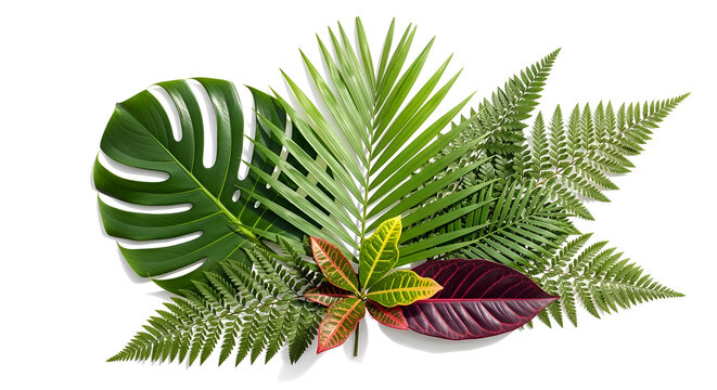 A collection of tropical leaves including ferns and palms on display