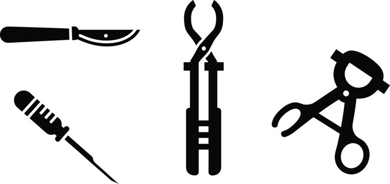 Surgical tools scalpel syringe forceps and clamp silhouette vector set icons isolated on white background for medical operation collection