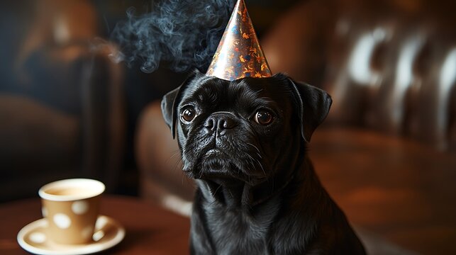 Pug in Party Hat Celebrating a Birthday with Coffee  a Smoldering Moment.